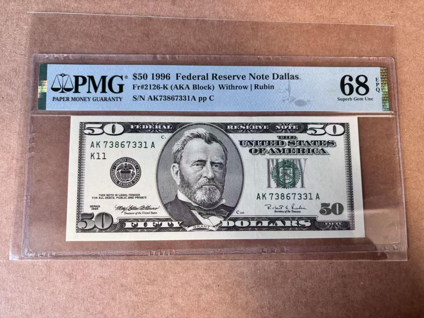 【Blue Auction】世界纸币精拍第749期——18级TOP拍卖/信誉/品质/专业/高效💫 美国 1996年50美金 PMG68EPQ 高分 达拉斯版