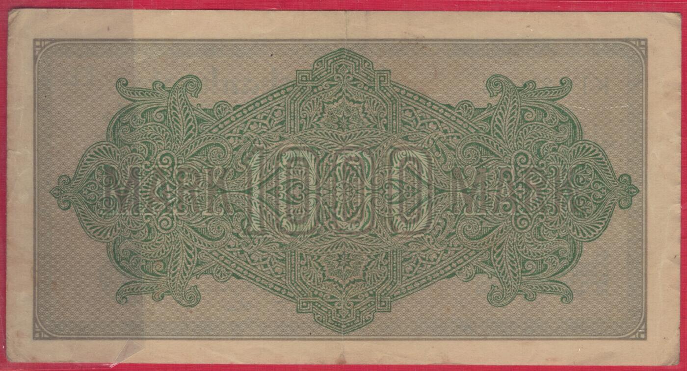 德国1922年1000马克 P-76e G种水印 白纸印制 绿号码 实物图 八五品