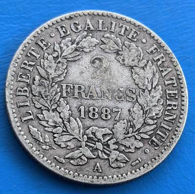 外国优质老铜币银币，周六九点倒数截拍，满百包邮，可寄存半年，喜欢朋友微信扫描二维码可直接参拍 - 法国1887年谷物女神2法郎银币