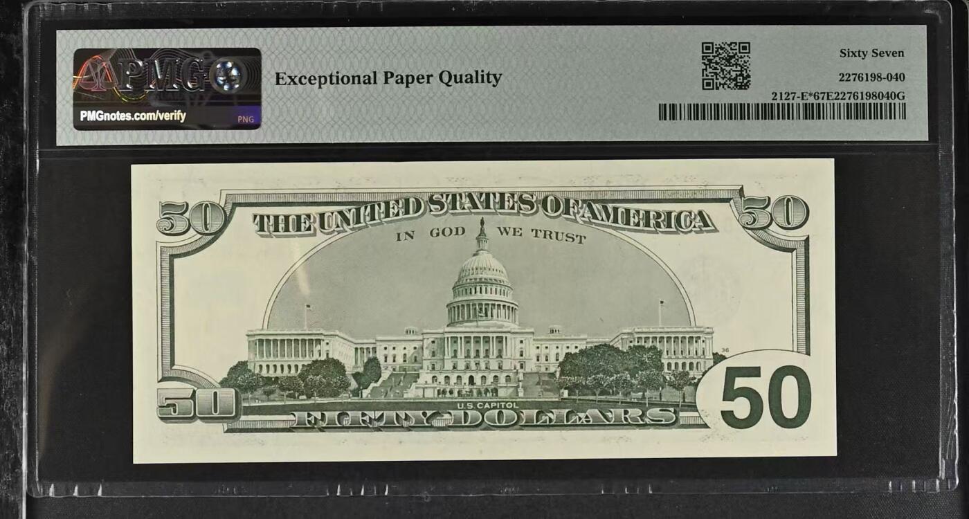 《外钞收藏家》第五百八十四期（优质场）（本平台长期征集拍品、欢迎藏友们联系合作） 2001年美国大头版50美元 补号 PMG67 千位号1950 更高分数仅两张