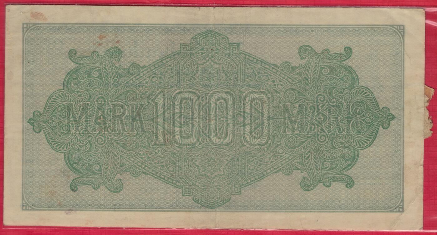德国1922年1000马克 P-76c F种水印 白纸印制 红号码数三 有原银行封签 实物图 八五品