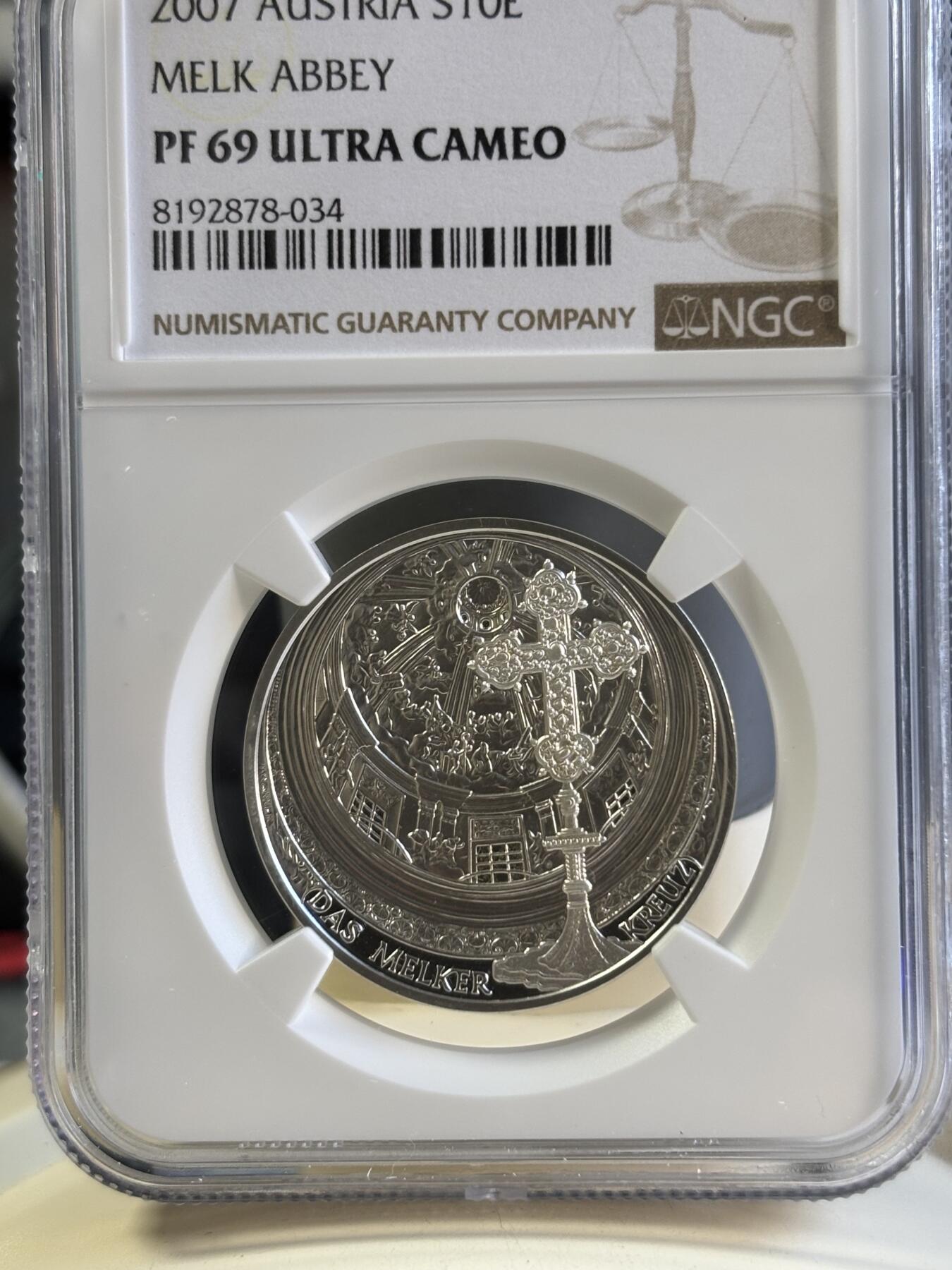 第181期拍卖 奥地利2007年发行梅尔克修道院10欧元纪念银币NGC-PF69（克劳斯获奖2009年最佳艺术银币），16克，925银，发行量40000枚