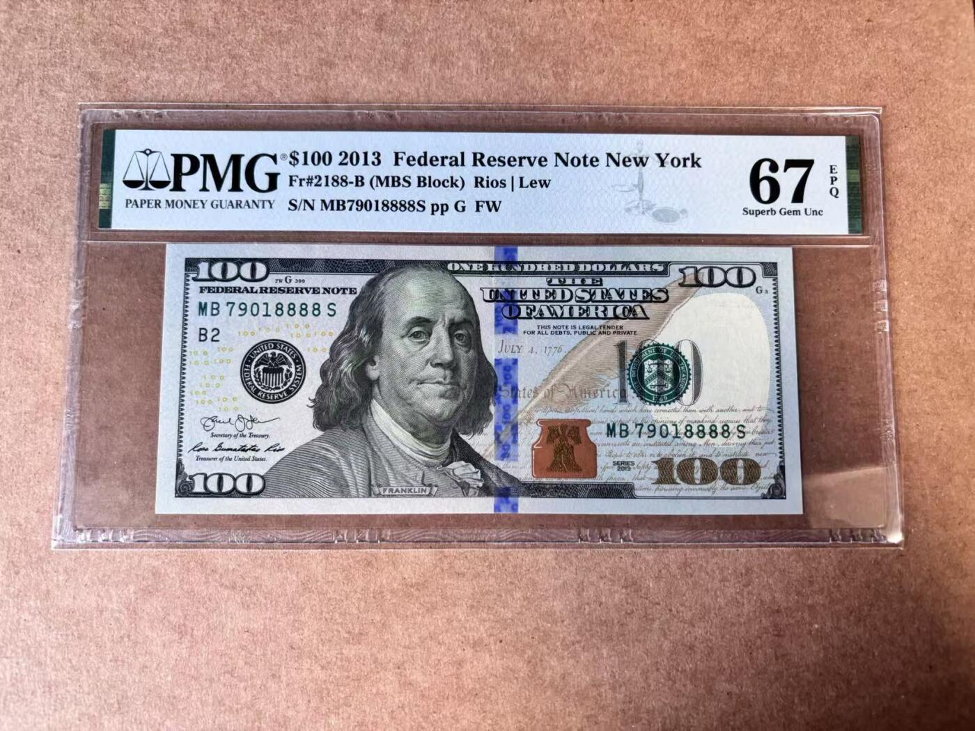 【Blue Auction】世界纸币精拍第749期——18级TOP拍卖/信誉/品质/专业/高效💫 【8888狮子号】美国 2013年100美金  PMG67EPQ 