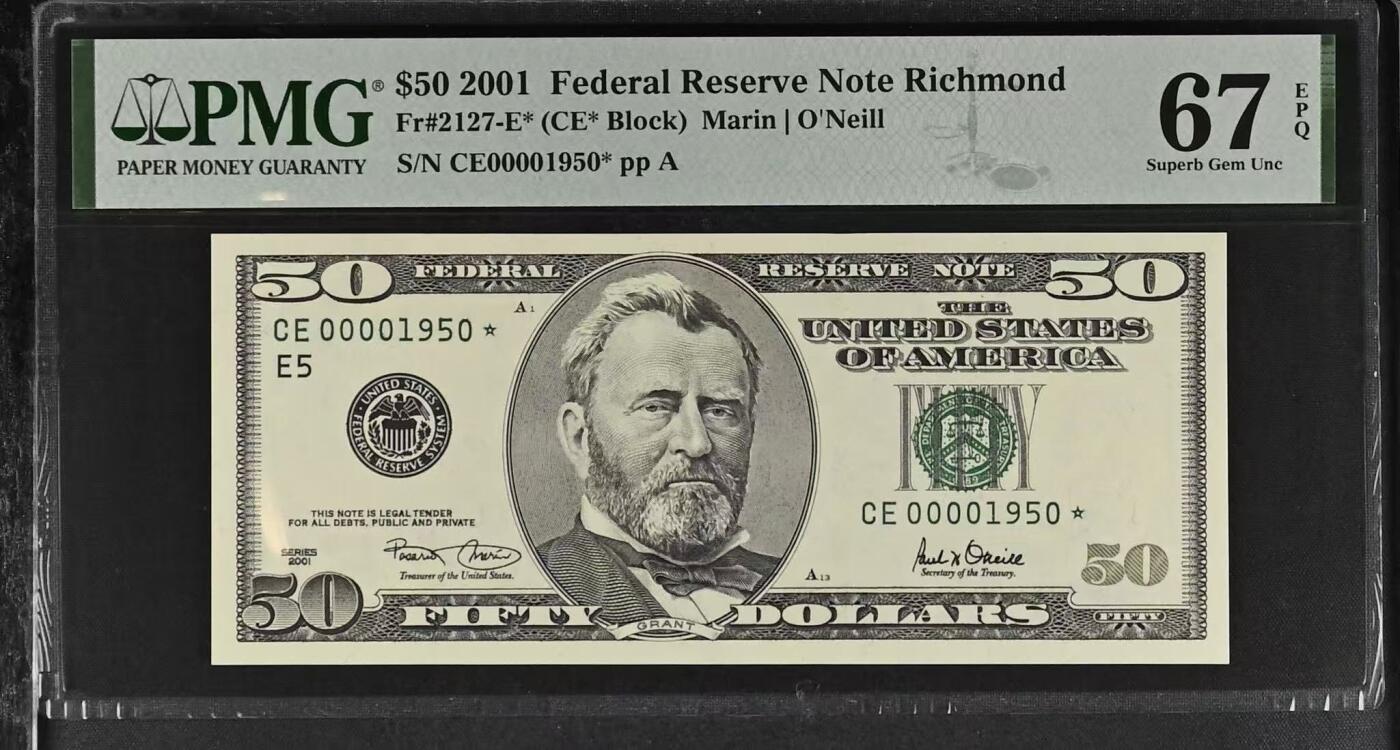 《外钞收藏家》第五百八十四期（优质场）（本平台长期征集拍品、欢迎藏友们联系合作） 2001年美国大头版50美元 补号 PMG67 千位号1950 更高分数仅两张