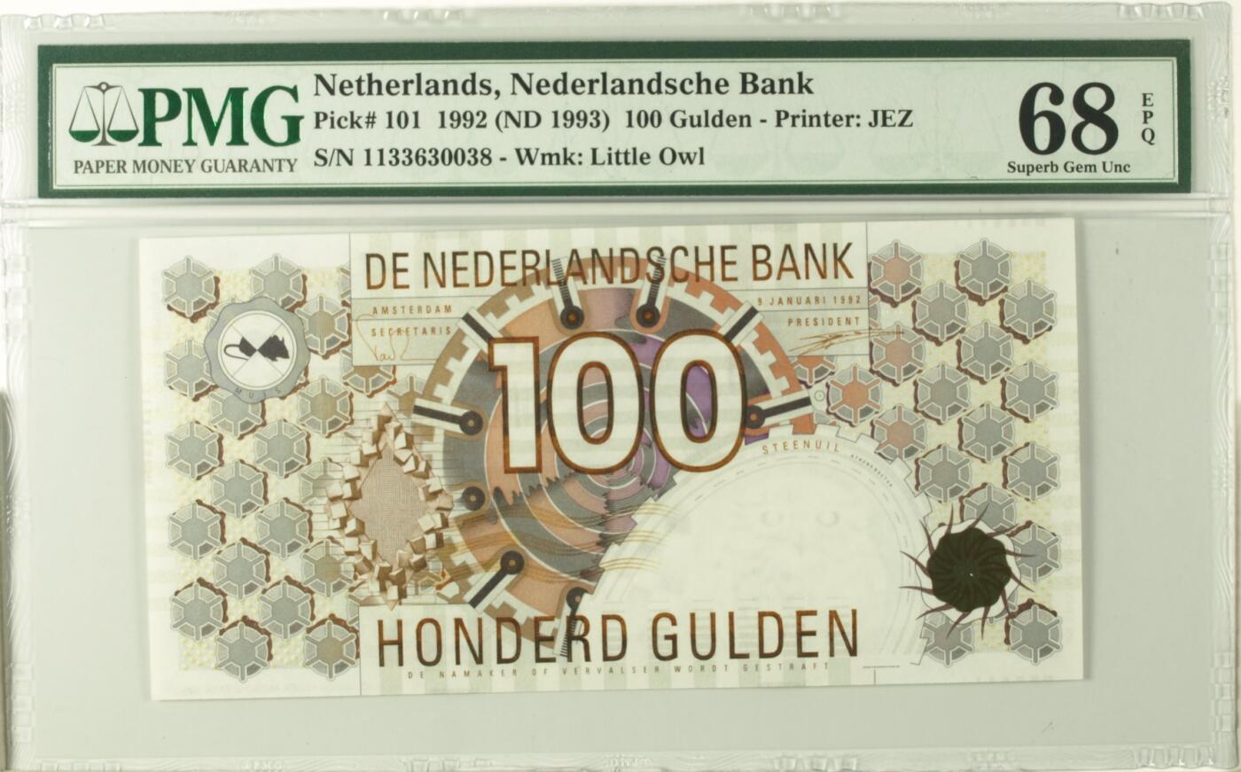 【礼羽收藏】🌏世界钱币拍卖第112期 【PMG68】欧洲，荷兰，1992年，100盾，P101