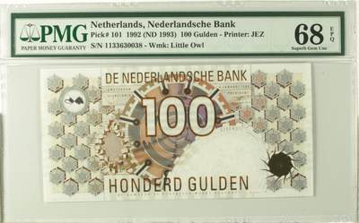 【礼羽收藏】🌏世界钱币拍卖第112期 - 【PMG68】欧洲，荷兰，1992年，100盾，P101