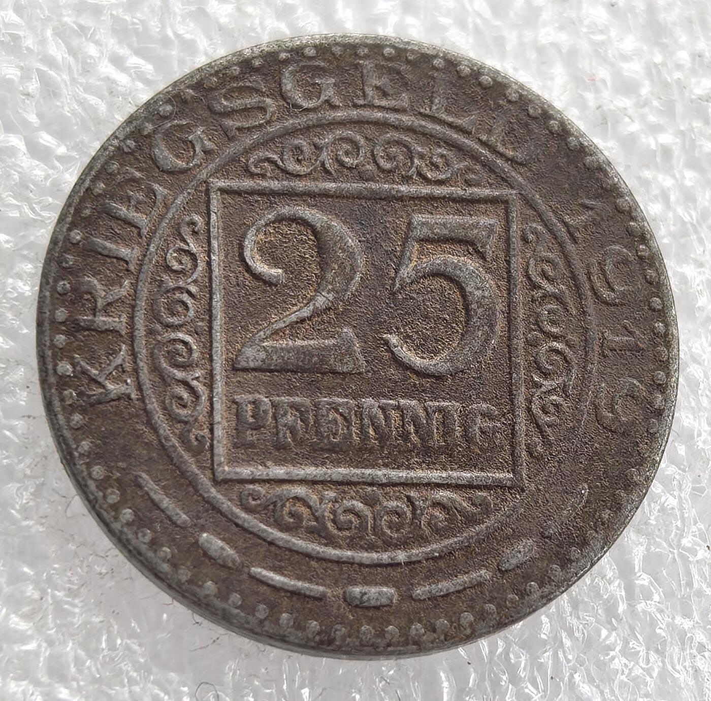 外国优质老铜币银币，周六九点倒数截拍，满百包邮，可寄存半年，喜欢朋友微信扫描二维码可直接参拍 首见德国奥伯豪森市1919年25芬尼