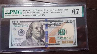 世界钱币～微拍第214期暨2025年第54期  双11评级币特惠拍 - 2017A美国100元 PMG67E 号码66788444 豹子号
