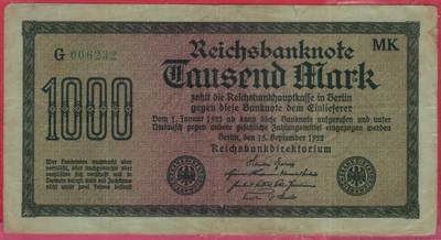 德国1922年1000马克 P-76 水印种类不详 绿号码无47 实物图 八五品 - 德国1922年1000马克 P-76 水印种类不详 绿号码无47 实物图 八五品