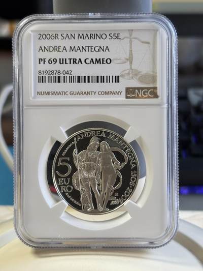 第181期拍卖 - 圣马力诺2006年发行著名画家安德烈.亚曼特尼亚著作《巴那斯山》精制银币NGC-PF69,18克，925银，限量8500枚，