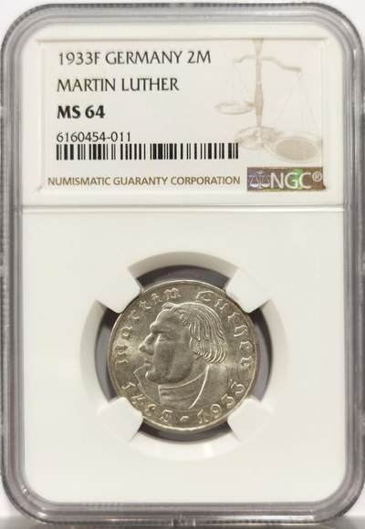 博洋堂世界钱币拍卖第146期（全场包邮） - NGC MS64 德国1933年F版马丁路德2马克银币