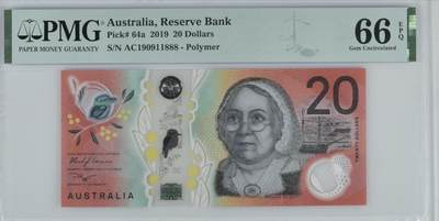 世界靓号纸钞第七十七期 - 2019年澳大利亚20元 倒置号 豹子号888 PMG66