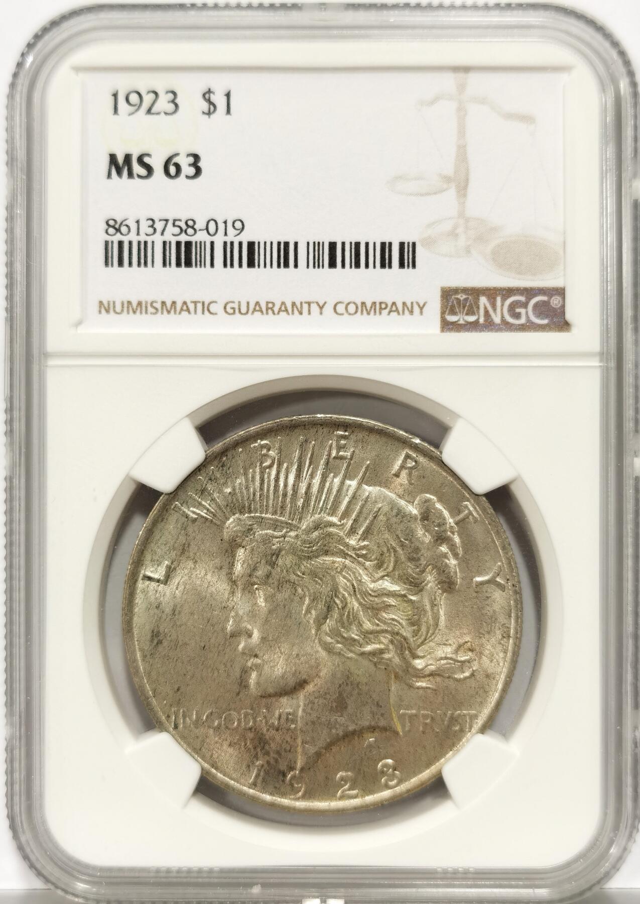 博洋堂世界钱币拍卖第146期（全场包邮） NGC MS63 美国1923年和平银币，淡包浆好品，BU转光。