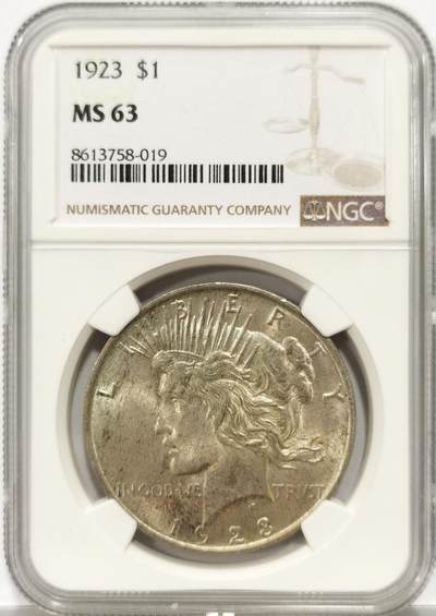 博洋堂世界钱币拍卖第146期（全场包邮） - NGC MS63 美国1923年和平银币，淡包浆好品，BU转光。