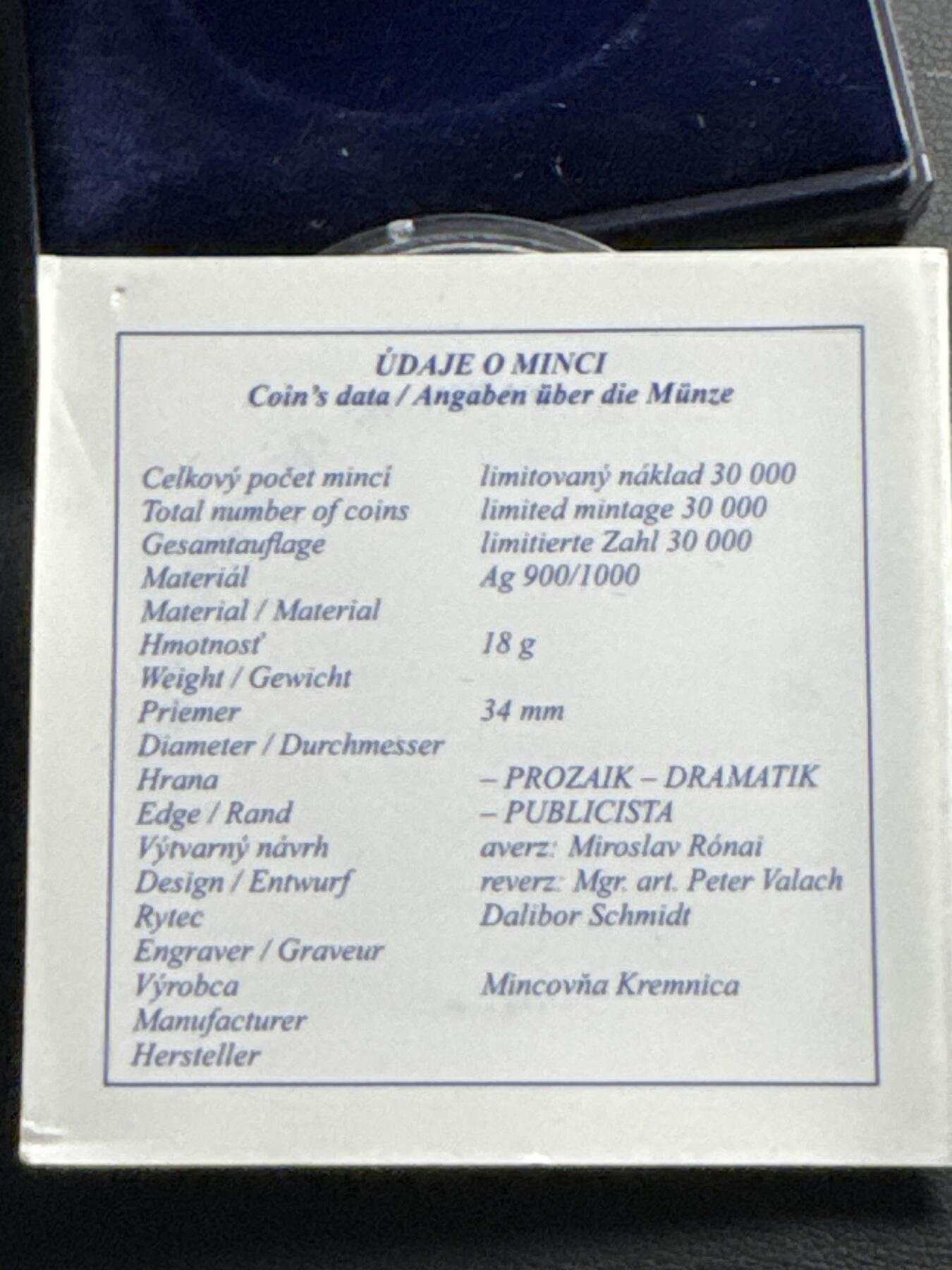 ❤️【币观天下】❤️ 第330期钱币拍卖- 2025.11.14周五晚上6点半场-长期征集拍品 斯洛伐克2010年10欧精制银币 马丁·库库辛（斯洛伐克编剧）诞辰150周年 盒证全