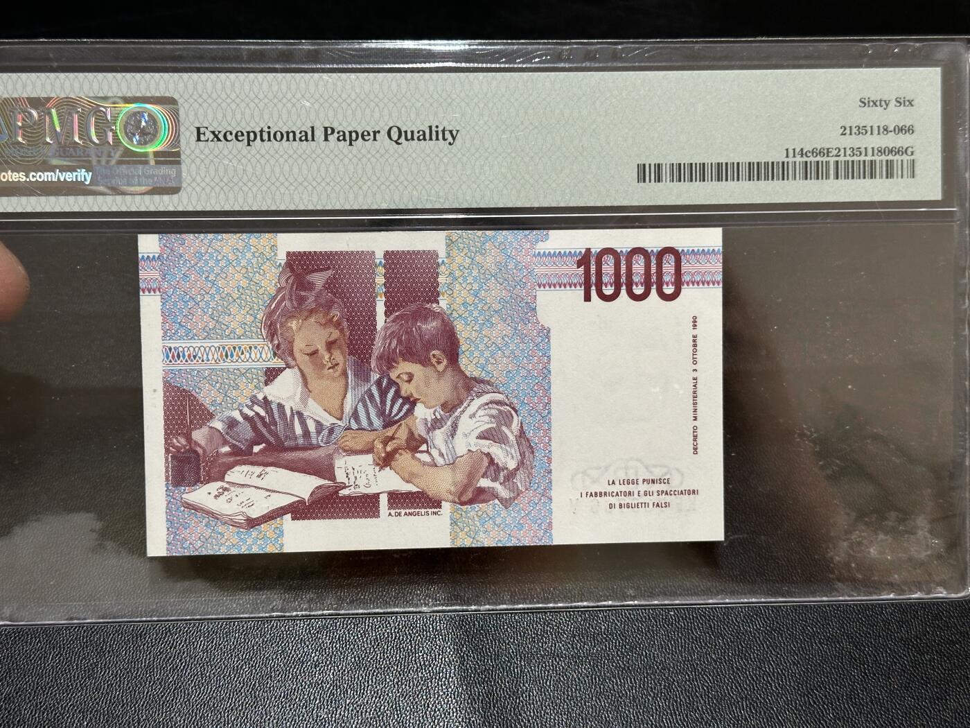 《外钞收藏家》第五百八十四期（优质场）（本平台长期征集拍品、欢迎藏友们联系合作） 1990年意大利1000里拉 PMG66