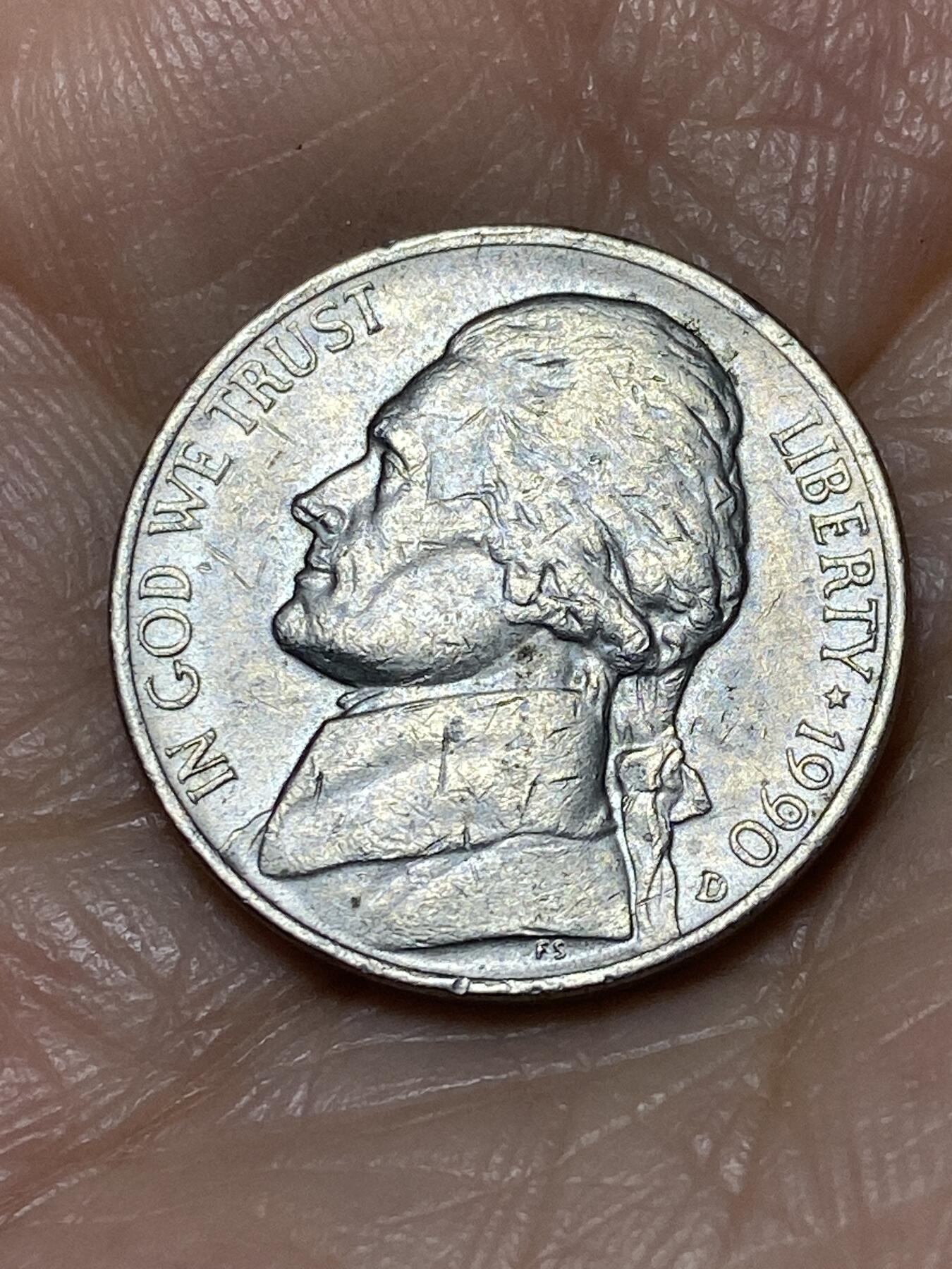 2025年第一百二十八场(总第一百五十四场）外国好品散币、邮币封和邮票场(免佣金) 美国🇺🇸1990年5分(杰斐逊5分第三版，D标丹佛造)