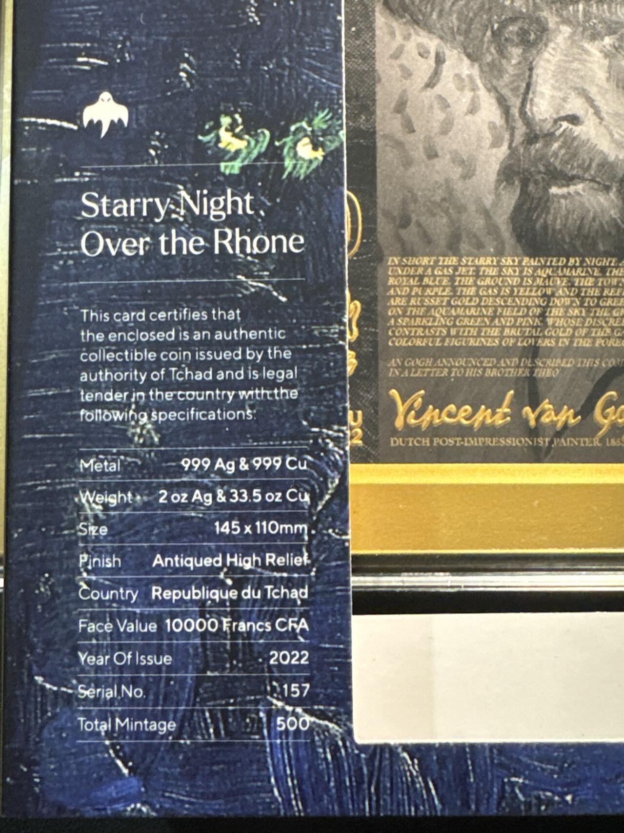 ❤️【币观天下】❤️ 第330期钱币拍卖- 2025.11.14周五晚上6点半场-长期征集拍品 乍得2022年梵高名画系列罗纳河畔星月夜2克银+35克铜145*110mm尺寸小板砖银币
