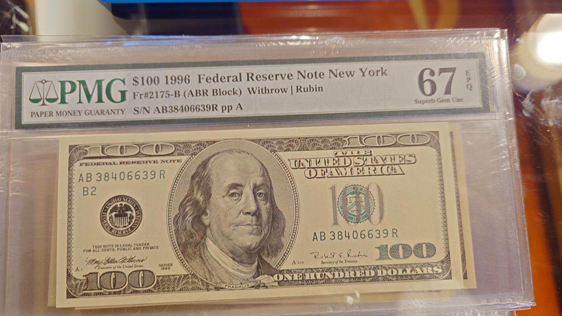 世界钱币～微拍第214期暨2025年第54期  双11评级币特惠拍 1996年美国100元 PMG67E高分 尾号6639