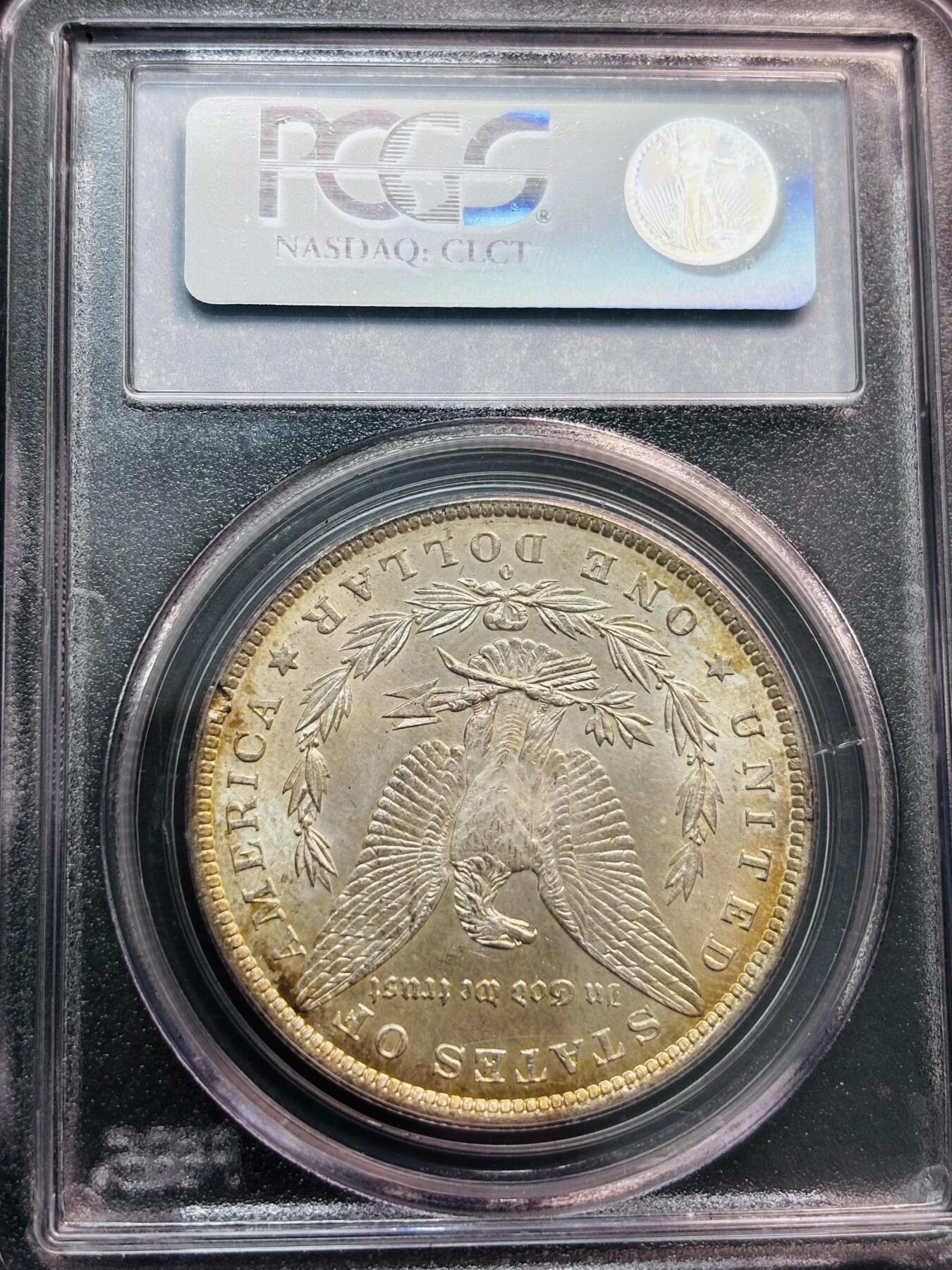 文馨钱币收藏第 281 场，【 长期接收代拍品】银元，银币，套币，纸币专场（本场截拍后休息三天，19 号发货） 1884 年美国摩根一元银元 O 版 PCGS 评级 MS64 分，彩金炫光，靓丽夺目