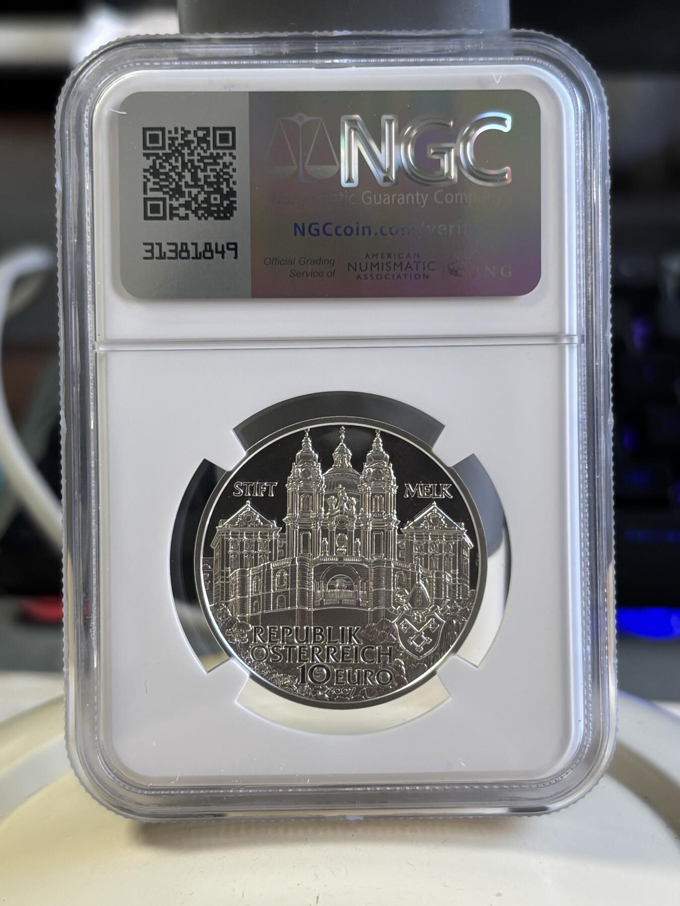 第181期拍卖 奥地利2007年发行梅尔克修道院10欧元纪念银币NGC-PF69（克劳斯获奖2009年最佳艺术银币），16克，925银，发行量40000枚