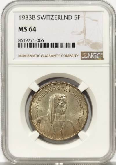博洋堂世界钱币拍卖第146期（全场包邮） - NGC MS64 瑞士1933年5法郎银币，早期年份，流通非常充分，更高分仅7枚，好品难得。