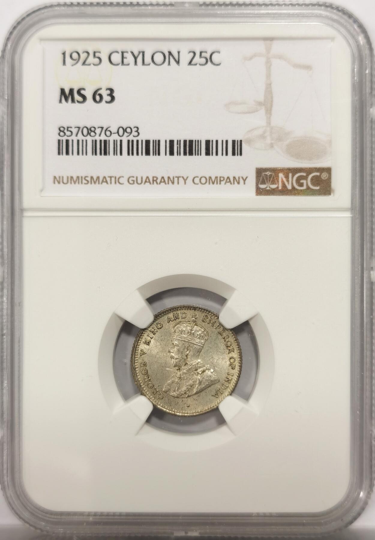 博洋堂世界钱币拍卖第146期（全场包邮） NGC MS63 英属锡兰1925年乔治五世二十五分银币，原色银光，品相不错，国外挺贵的品质，图案非常有地域风情