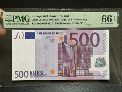 《外钞收藏家》第五百八十四期（优质场）（本平台长期征集拍品、欢迎藏友们联系合作） - 2002年一签500欧元 稀少 爱尔兰版 PMG66 难得无47 大司令头