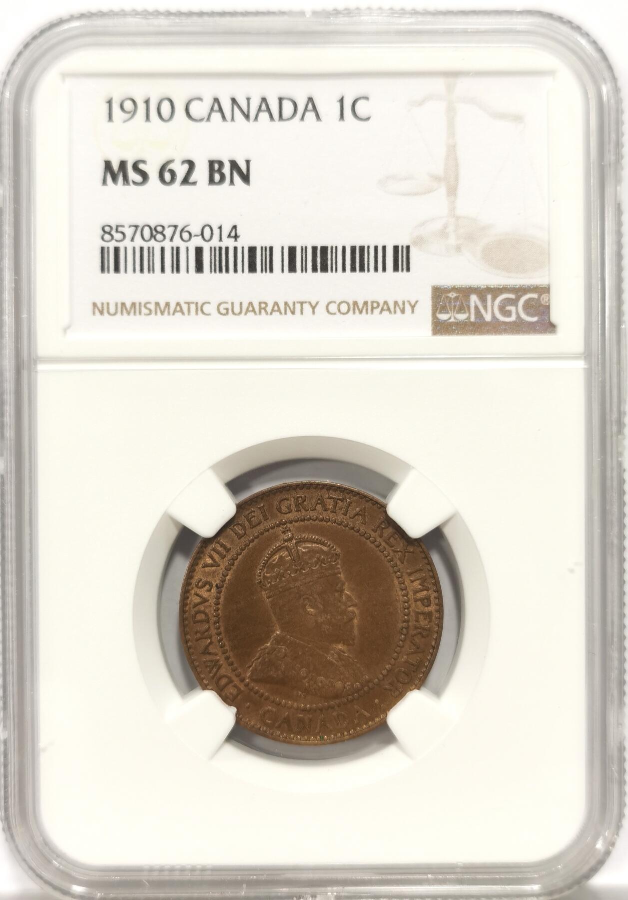 博洋堂世界钱币拍卖第146期（全场包邮） NGC MS62BN 英国1910加拿大爱德华七世一分铜币，巧克力状态，铜光温润，早期加拿大的币都不便宜，上62分已经不太容易