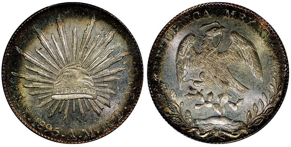 北京阿城哥拍卖2025年秋季拍卖会 1895年墨西哥“鹰洋”8瑞尔银币一枚，五彩包浆，铸造精美，版底皎洁莹润，充盈姣好原光，品相一流，PCGS MS66评级编号：89489222