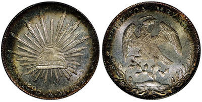 北京阿城哥拍卖2025年秋季拍卖会 - 1895年墨西哥“鹰洋”8瑞尔银币一枚，五彩包浆，铸造精美，版底皎洁莹润，充盈姣好原光，品相一流，PCGS MS66评级编号：89489222