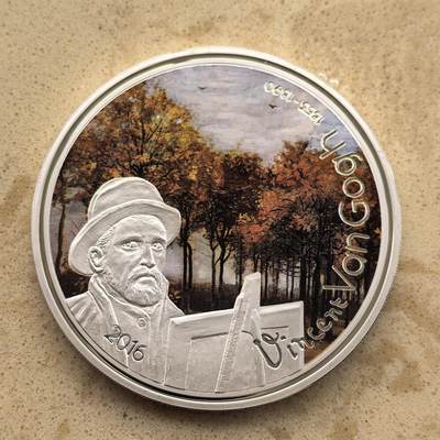 道一币馆币章第一百五十五场 - 加蓬共和国2016年梵高画作秋天的黄叶森林1000法郎精制彩绘镀银纪念币