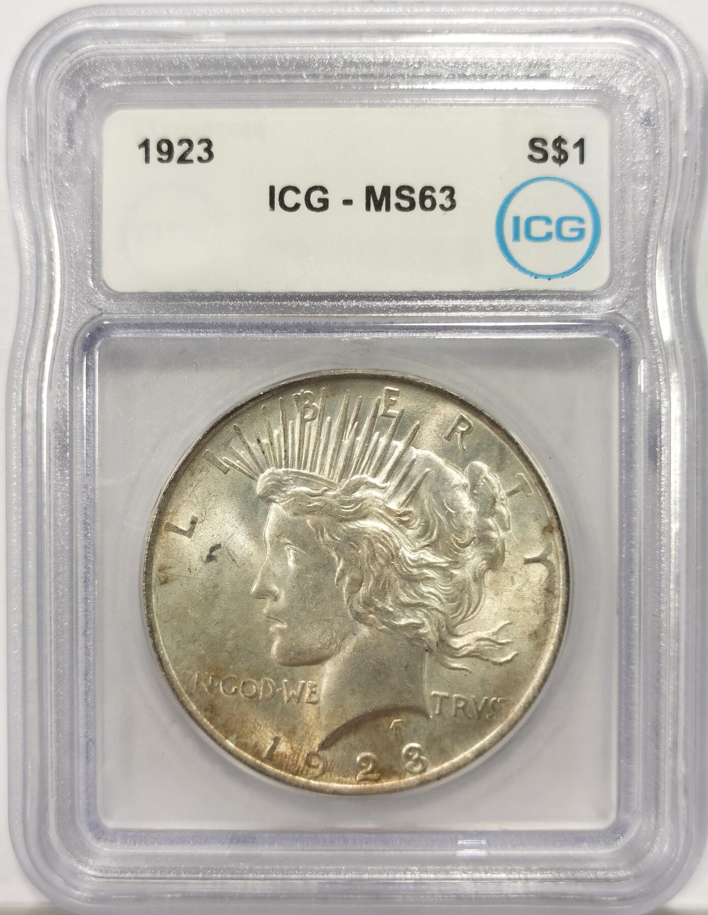 博洋堂世界钱币拍卖第146期（全场包邮） ICG老盒 MS63，美国1923和平一美元银币，国内几乎看不到这种盒子，老盒品质保障，个人看是64的状态