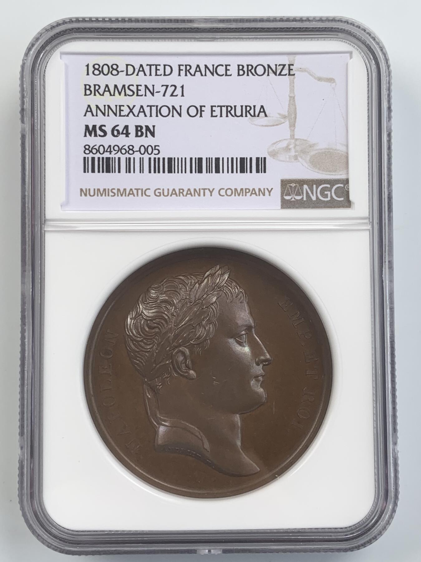 掌中浮雕-藏着的欧洲第041场 NGC MS64 : 1808年吞并伊特鲁利亚纪念铜章，41mm