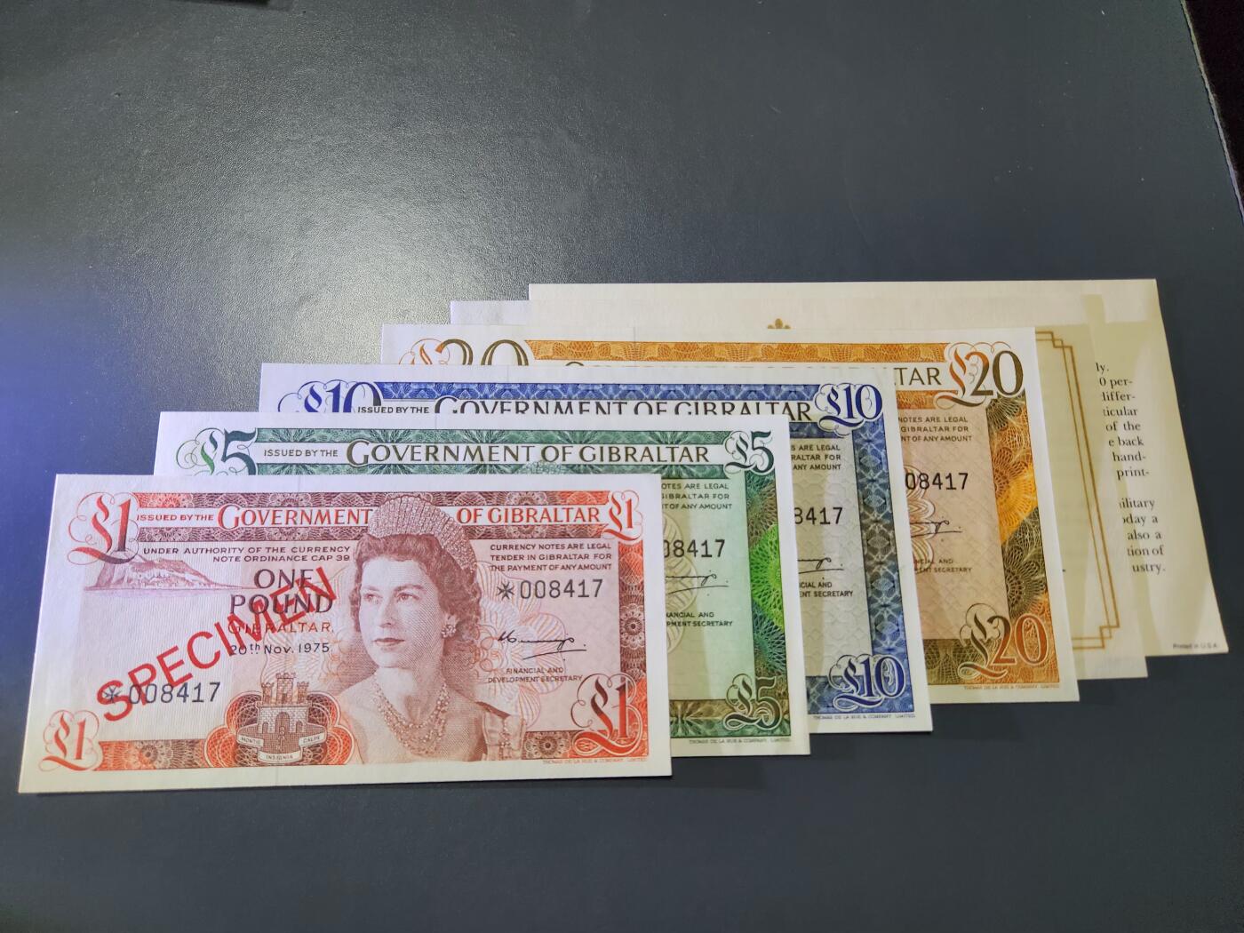 11月12号晚上8点 外国纸币自动截拍第55场 女王样票全新一套【全新初版样钞】直布罗陀4张全套(1,5,10,20镑)1975年