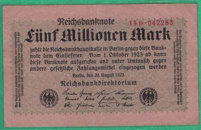 德国1923年5000000(500万)马克 P-105 号码字体及排列方式特殊 八五品 实物图 - 德国1923年5000000(500万)马克 P-105 号码字体及排列方式特殊 八五品 实物图