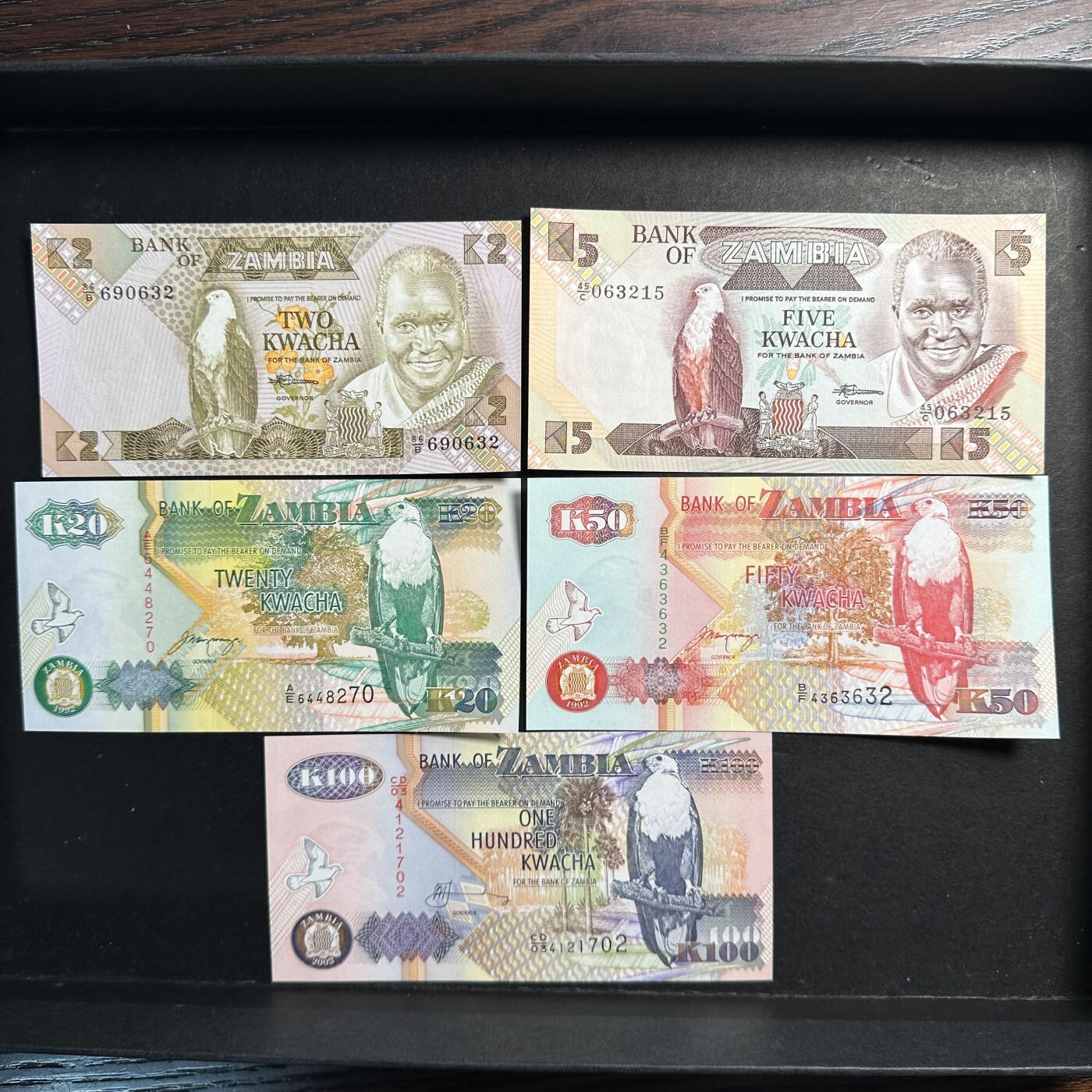 蒂克钱币-第47场 外国平价纸币拍卖 赞比亚 5枚纸币 全新UNC