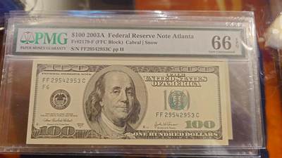 世界钱币～微拍第214期暨2025年第54期  双11评级币特惠拍 - 2003A年美国100元大头 全新绝品PMG66E 尾号2953
