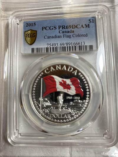 ❤️【币观天下】❤️ 第330期钱币拍卖- 2025.11.14周五晚上6点半场-长期征集拍品 - 2015年 加拿大国旗五十周年纪念彩色国旗银币pcgs-pr69，高分难得