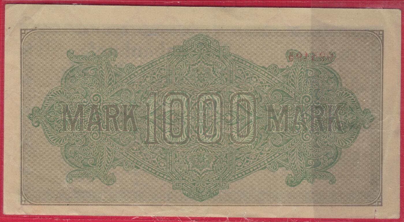德国1922年1000马克 P-76f H种水印 白纸印制 红号码数三 实物图 八五品