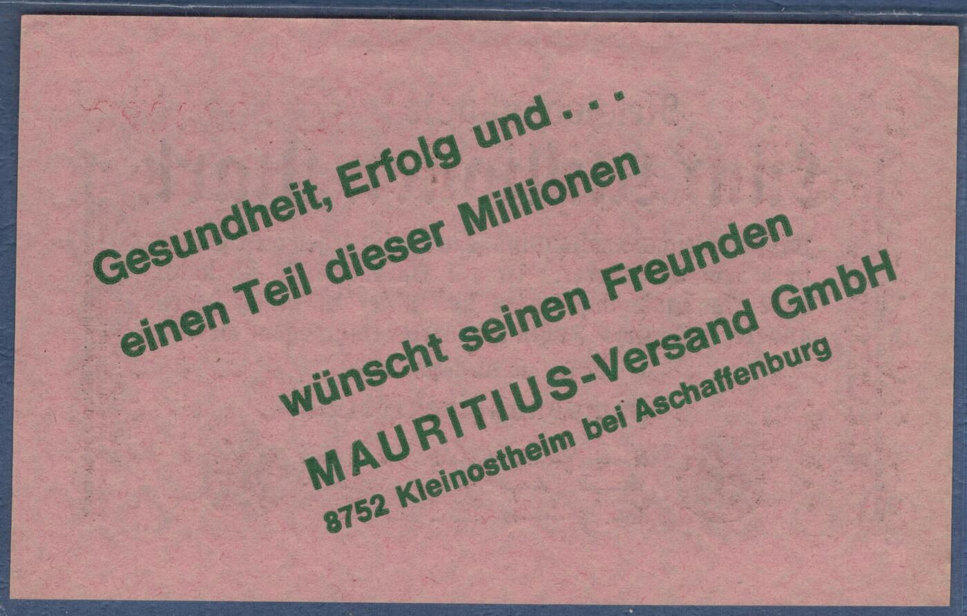 德国1923年5000000(500万)马克 P-105 无47尾8 号码字体及排列方式特殊 背面印阿沙芬堡附近的一家邮购公司的祝福宣传广告 实物图 UNC-