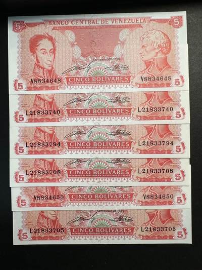 蒂克钱币-第47场 外国平价纸币拍卖 - 委内瑞拉 1989年 5玻利瓦尔纸币  6枚 全新