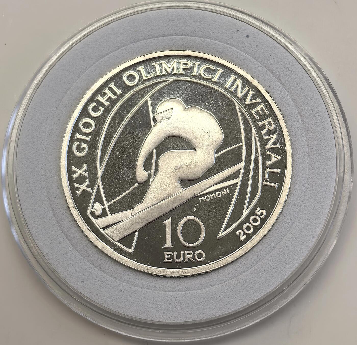 博洋堂世界钱币拍卖第146期（全场包邮） 2005年意大利10欧精制银币 都林冬奥会-高山滑雪 22克 925银