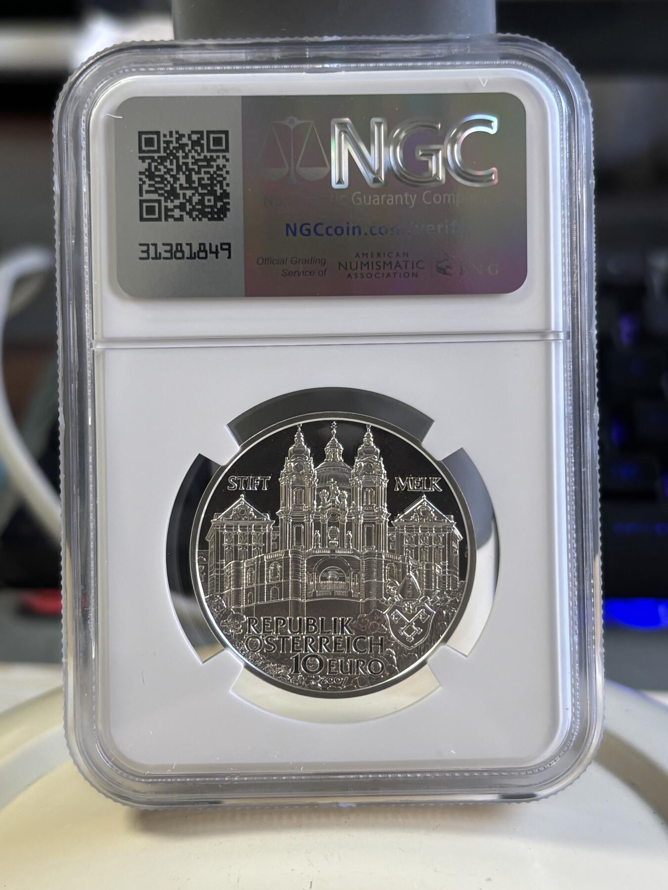 第181期拍卖 奥地利2007年发行梅尔克修道院10欧元纪念银币NGC-PF69（克劳斯获奖2009年最佳艺术银币），16克，925银，发行量40000枚