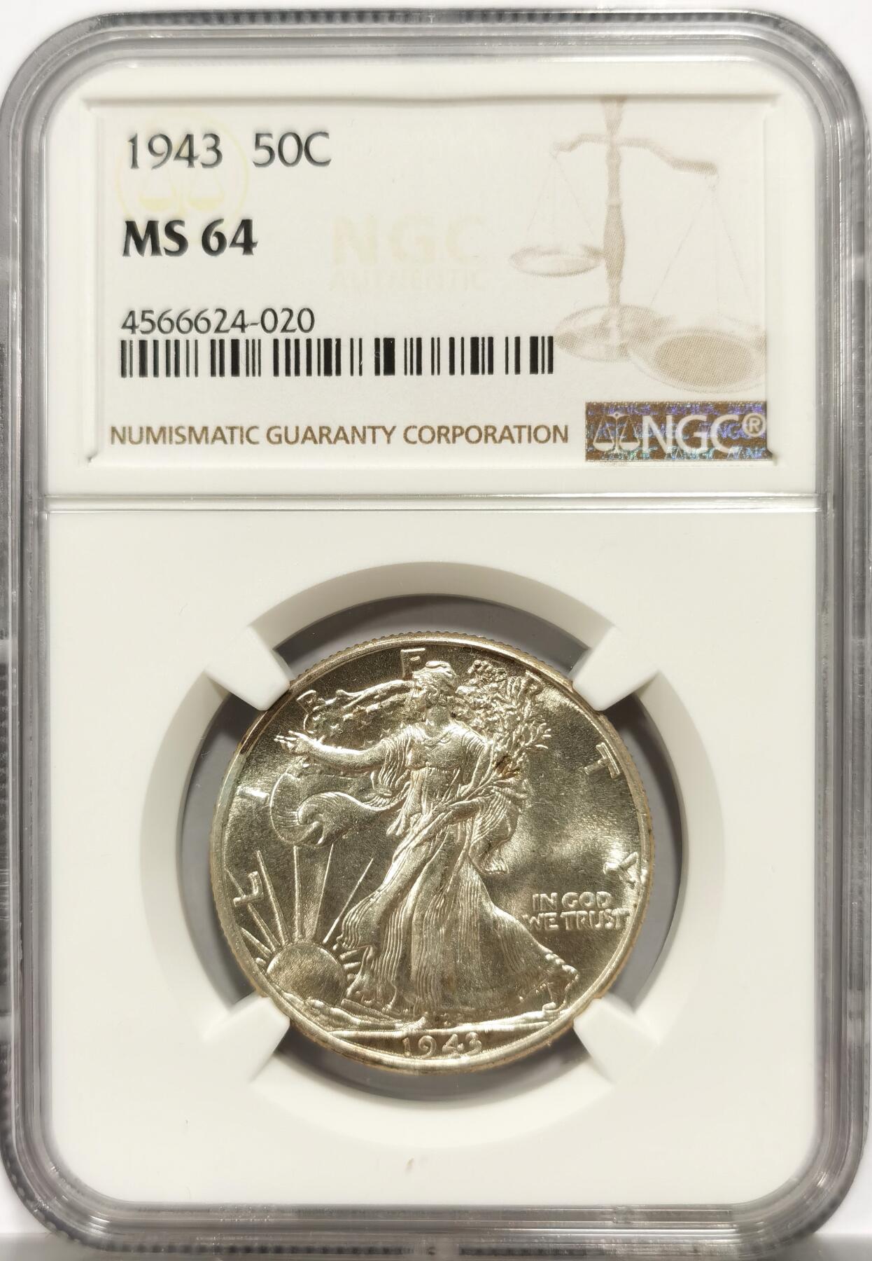 博洋堂世界钱币拍卖第146期（全场包邮） NGC MS64 美国1943年自由女神50分银币