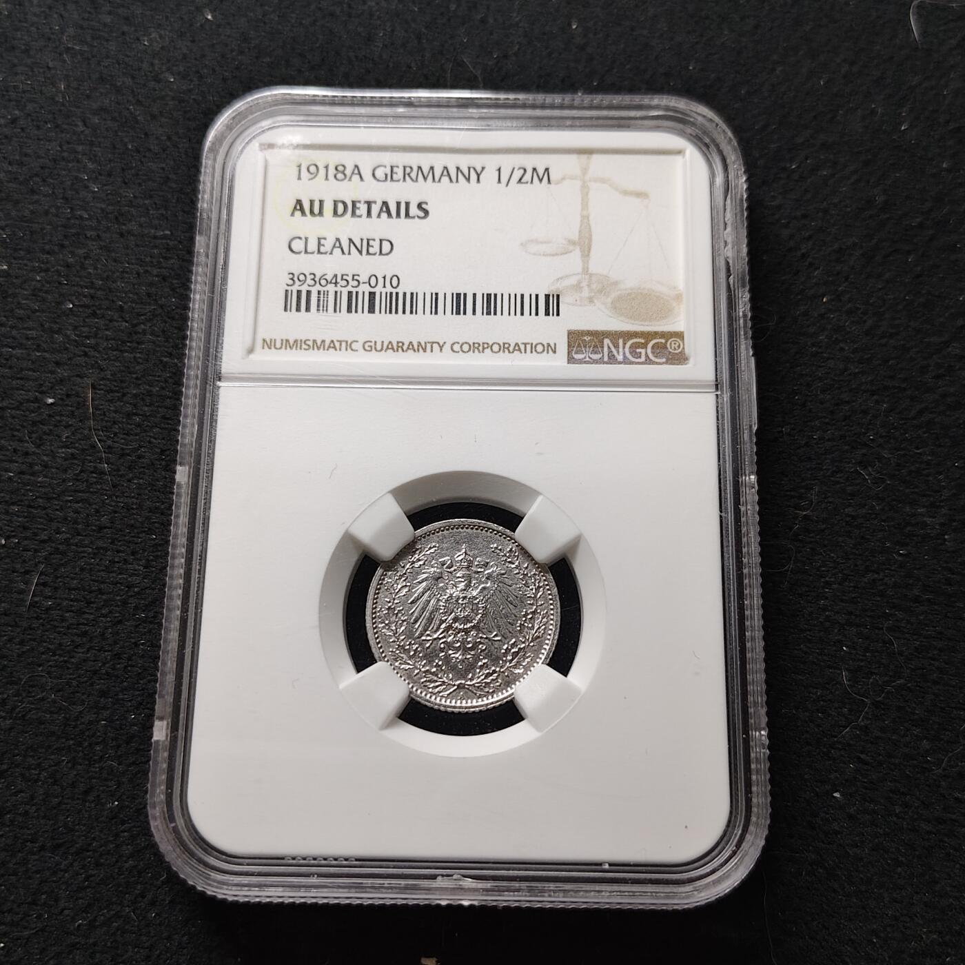 【全场包邮】纯粹捡漏拍477场（免费代拍第14场）调整中 德国第二帝国1918年A厂1/2马克银币-NGC AU DETAILS