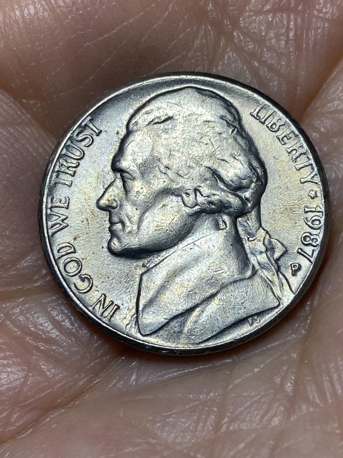 2025年第一百二十八场(总第一百五十四场）外国好品散币、邮币封和邮票场(免佣金) 美国🇺🇸1987年5分(杰斐逊5分第三版，P标费城造)