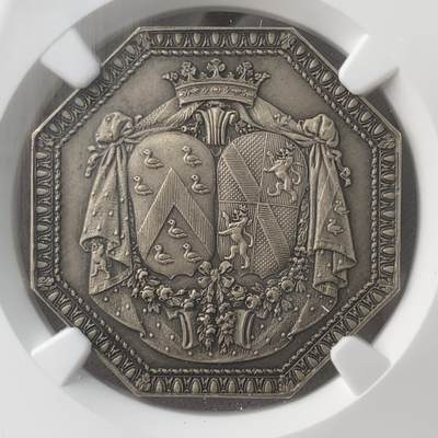 掌中浮雕-藏着的欧洲第041场 - NGC MS63 : 法国马萨林公爵夫妇三天使八角银婚章, 33mm