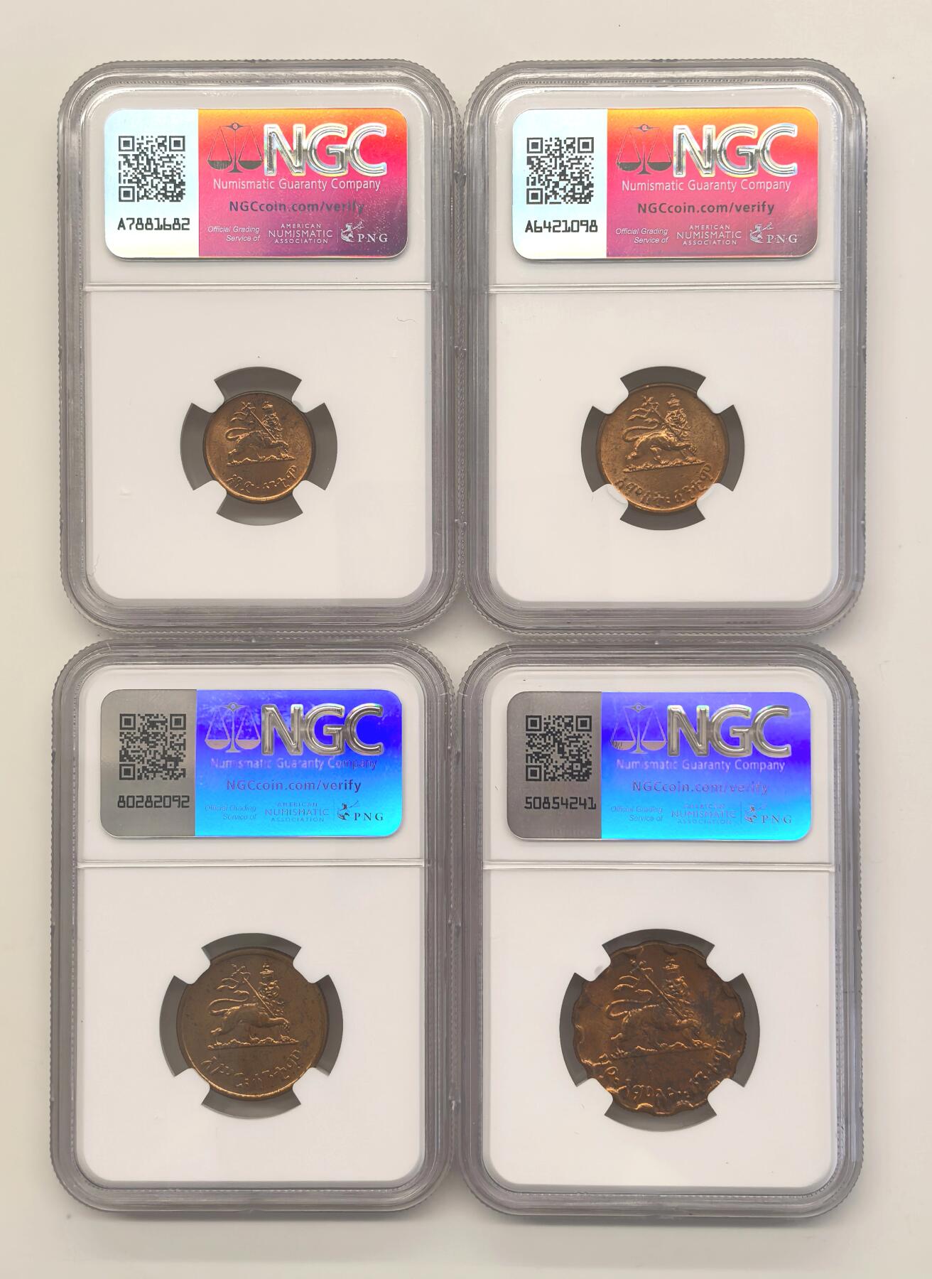 博洋堂世界钱币拍卖第146期（全场包邮） NGC 埃塞俄比亚1936年铜币四枚一套，面值1/5/10/25，都是BU好状态，惨遭压分
