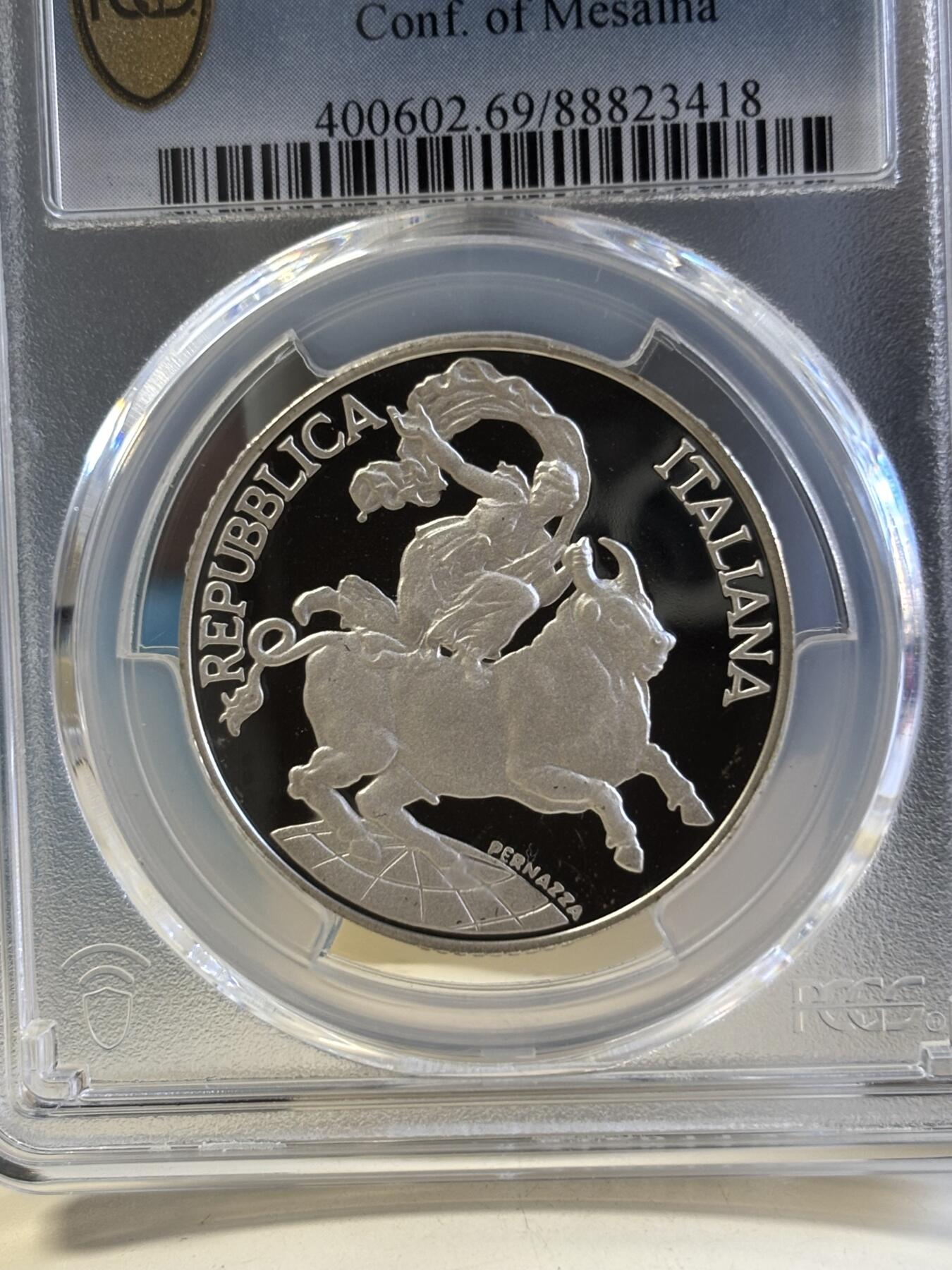第181期拍卖 意大利1995年墨西拿海峡会议公牛女神精制纪念银币PCGS-PR69,835银，22克